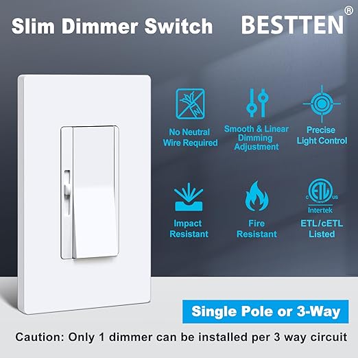 BESTTEN Super Slim Dimmer Light Switch, Quiet Rocker, Max 300W LED, CFL, 600W Incandescent, Single Pole or 3 Way Dimmable Switch with Screwless Wallplate, ETL Listed, 3 Pack, White