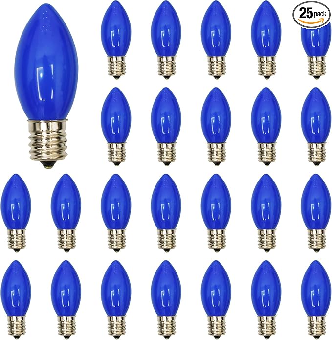 Abeja 25 Pack Blue Replacement C9 Bulbs, Fits C9/E17 Base, Outdoor String Lights, Candle Lamps, Night Lights