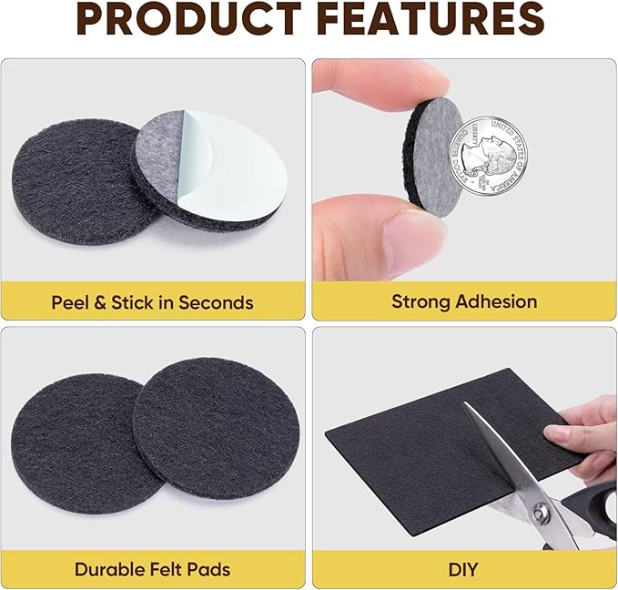 BALEINE 141PCS Felt Furniture Pads, Multi-Size Felt Pads for Chair Legs, Tables, Beds, Scratch-Reducing Floor Protectors for Hardwood Floors, Tile, Vinyl, and Laminate (141PCS, Black)