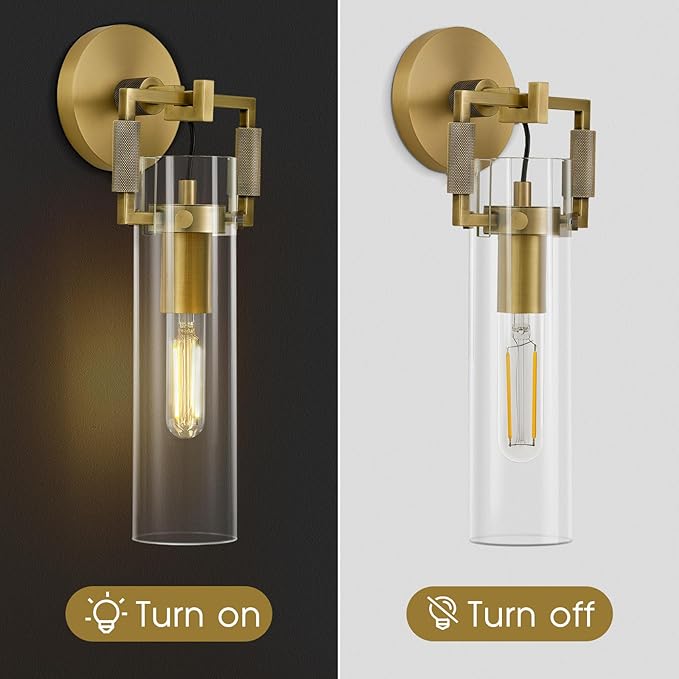 Modern Gold Glass Wall Sconces,15'' Knurled Brass Sconce, Bathroom Wall Sconce, Gold Bathroom Vanity Lights, for Living Room, Bedrooms, Fireplace, Staircases, Include Bulb