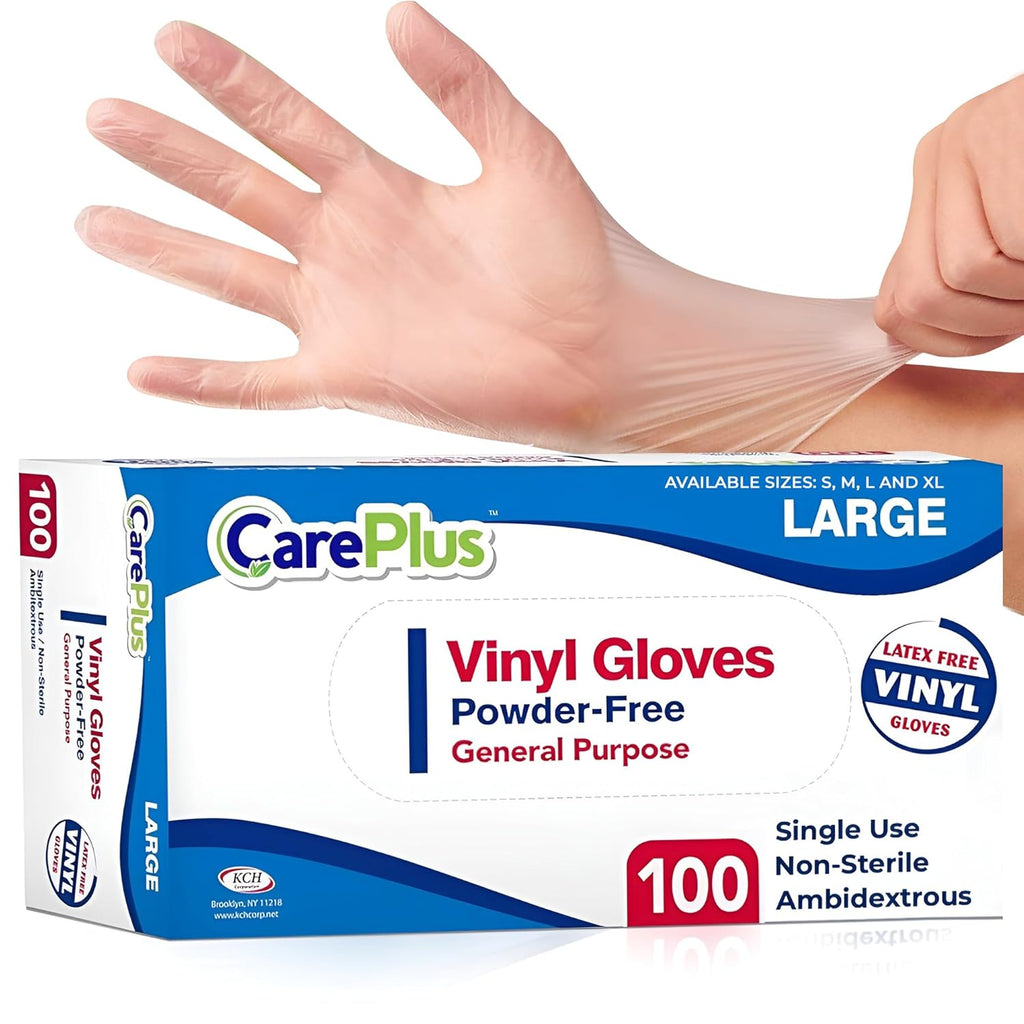 CARE PLUS Vinyl Gloves Clear Large Size 100 Count | Heavy Duty, Non-Sterile, Powder-Free, Latex-Free Rubber | Food Prep, Kitchen & Cleaning Gloves, Ideal for Professional Use