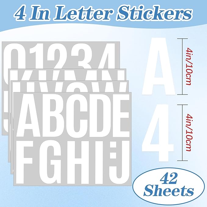 441 PCS 42 Sheets Letter Stickers Large Mailbox Numbers and Letters Self Adhesive Vinyl Waterproof Alphabet Number Stickers for Mailbox House Address,Crafts,Car, Poster,Classroom Decor(4 Inch,White)