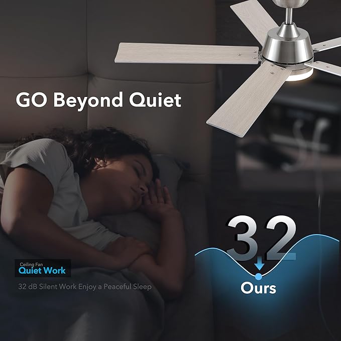 52 Inch Ceiling Fans with Lights and Remote, Brushed Nickel Ceiling Fan, 6 Speed Reversible DC Motor, 3CCT Dimmable LED, Modern Design for Bedroom, Living room & Covered Outdoor,Includes Downrod