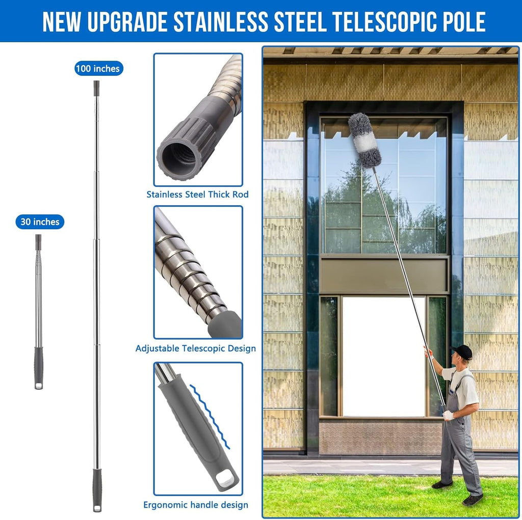 Microfiber Feather Duster 5-in-1 Kit for Dusting and Cleaning – 30–100" Extension Pole, Anti-Slip Grip, Bendable Washable Heads for Ceiling Fan, Furniture, Car (Blue)