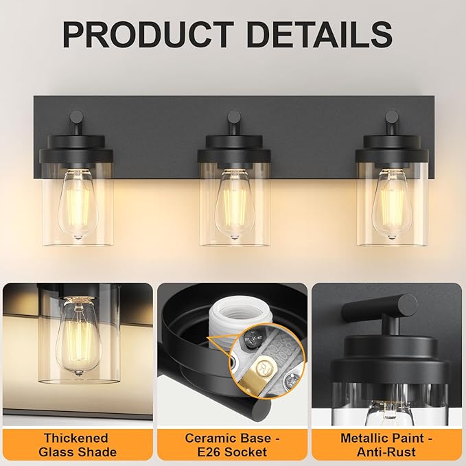 IZORRO Bathroom Vanity Light Fixture, 3-Light 22 Inch Matte Black Bathroom Light Fixtures Over Mirror, with Clear Glass Shade, Modern Farmhouse Vanity Lights, Rustic Restroom Lighting Fixtures