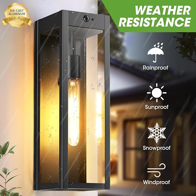 15.3" Large Motion Sensor Outdoor Wall Lights 2Pack, Dusk to Dawn Porch Lights Outdoor Wall Sconces,3 Lighting Modes Black Exterior Lighting Fixtures, Outside Lanterns for House Garage,None-Bulb