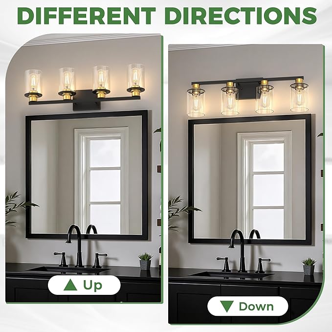 DORESshop Bathroom Light Fixtures, 4-Light Black and Gold Bathroom Lighting Fixtures Over Mirror with Glass Shade, Modern Vanity Lights for Hallway Bedroom, Includes Bulbs