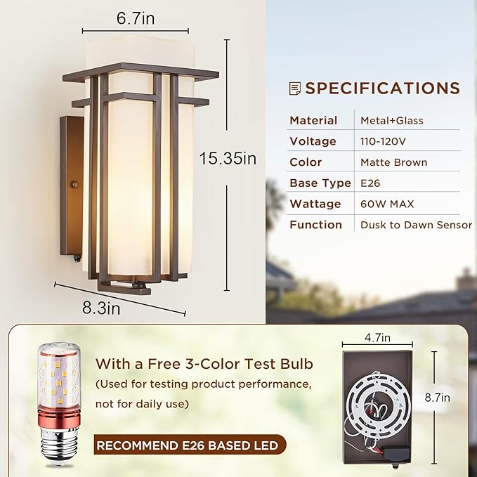 15.35" H Matte Brown Outdoor Wall Light Large Outdoor Wall Lantern Oil Rubbed Bronze Exterior Light Fixture Waterproof Metal with Frosted Glass Sconce Light for Porch Garage Front Door, Brown (Large)