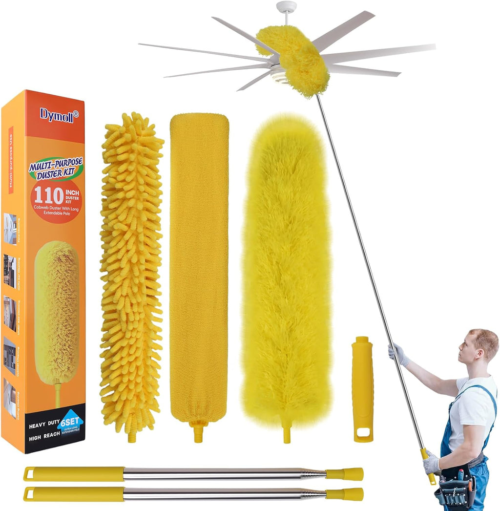 Cobweb Duster with Extension Pole, 110" Microfiber Feather Duster Kit with Bendable Washable Heads, Spider Web Brush, Dusters for Cleaning Ceiling Fan, High Ceiling, Blinds, Furniture & Cars