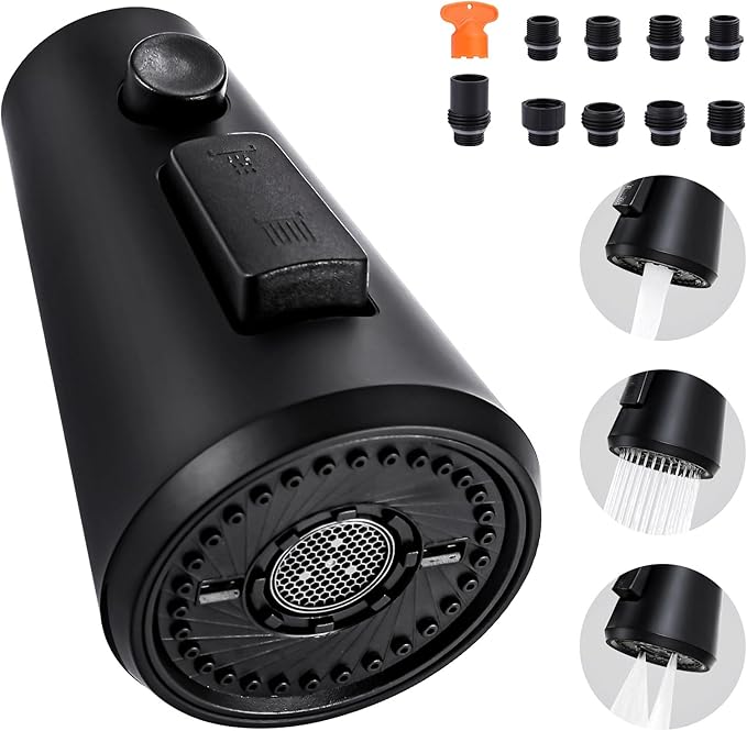 ALEASHA Pull Down Kitchen Faucet Head Replacement,3-Function Sink Spray Nozzle with 9 Adapters,Compatible with Moen,American Standard,Delta,Kohler Faucets,Matte Black