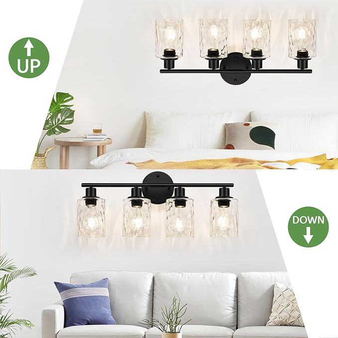 4-Light Bathroom Light Fixtures, Black Modern Vanity Lights with Clear Glass Shade, Bathroom Wall Lamp for Mirror Kitchen Living Room Hallway Cabinet Porch