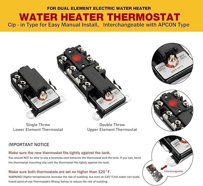 Electric Water Heater Thermostat,Include 1x KST203 Upper Thermostat & 1x KST200 Lower Thermostat,UL Certification,Compatible With Most Electric Water Heaters