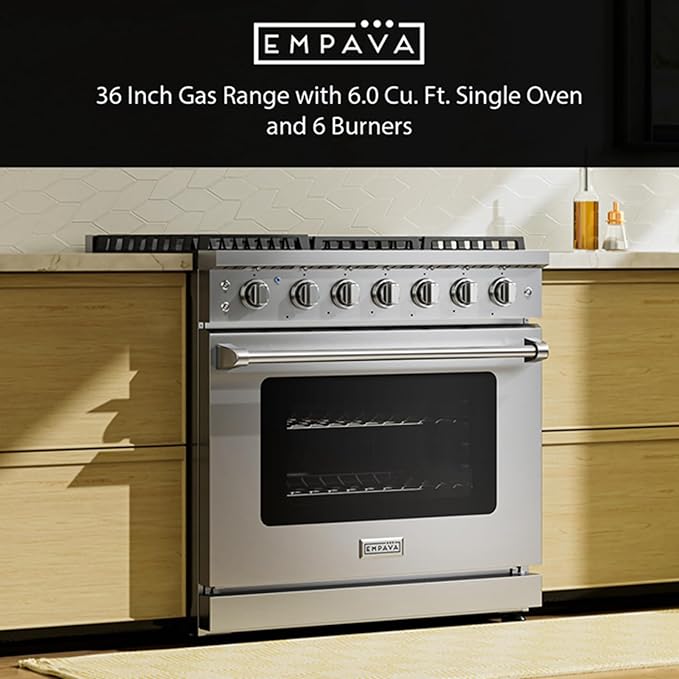 Empava Gas Range,True Convection Oven 6.0 Cu. Ft,6 Deep Recessed Burners Cooktop, Heavy Duty Continuous Grates in Stainless Steel with Storage Drawer, Freestanding & Slide-in,36 Inch