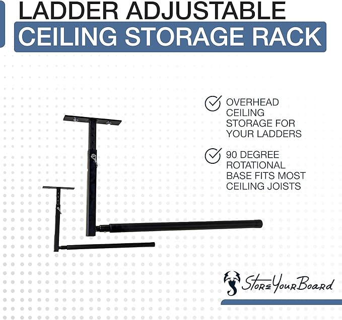 StoreYourBoard Adjustable Overhead Ladder Rack – Garage Organizer Ladder Shelf for Step & Extension Ladders - Storage Racks and Shelving for Garage Organization - Ceiling Mounted - Holds 75 lbs