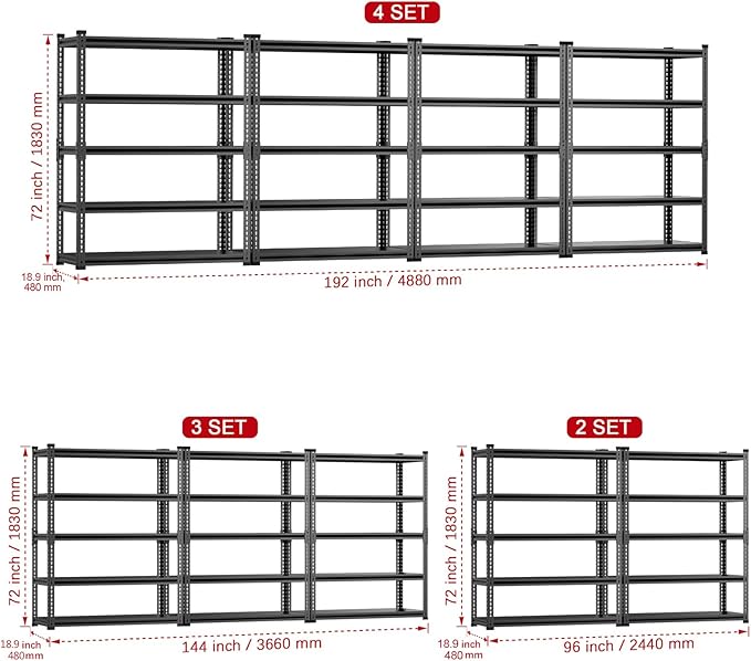 Heavy Duty Garage Shelving Unit 3000LBS, Adjustable 5-Tier Storage Rack with Boltless Design, 48" W*18.9" D*72" H Metal Shelves for Basement, Garage & Warehouse Storage