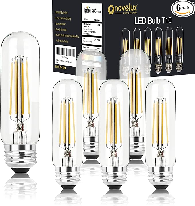 5 Inch E26 Led Bulb Equal 80 Watt, 4000k Neutral White Edison Bulb 6W Dimmable, 800LM T10 T9 Clear Glass Tubular Light Bulbs AC 120V for Chandelier Pipe Pendant Wall Light - UL Cert 6Pack