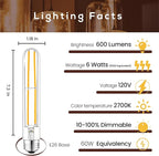 T10 7.3 Inch LED Bulb 6W (60W Equivalent) 2700K Warm White Edison Light Bulb 600lm Dimmable Long Tubular E26 LED Bulb for Rustic Pendant, Industrial Pipe, Wall Sconces, Chandeliers (4-Pack)
