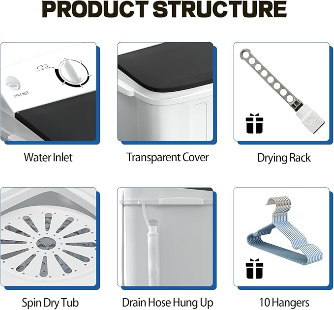 Portable Mini Twin Tub 18Lbs Washing Machine with Drying Rack & 10 Hangers, Washer(11Lbs) and Spinner(7Lbs) Combo with Timer Knob, Compact Semi-automatic Laundry Washer for Home Dorm Apartment, Black