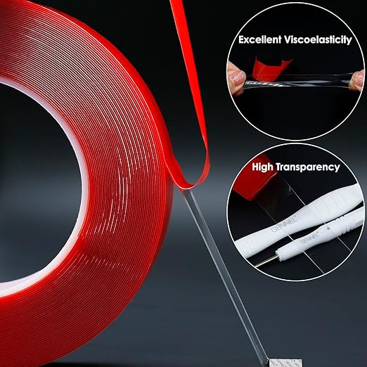 Double Sided Adhesive Tape, Clear Strong Acrylic Adhesive, 10mm x 15M x 0.5mm Thickness, Transparent Tape for Laptop Phone LCD Screen Case Repair Plastic Wood Mounting DIY