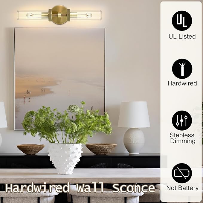 Gold Wall Sconce for Bathroom Hardwired, 20.5" Brass Wall Sconces, Linear Sconces Wall Lighting Double-Lights, Bathroom Lighting Fixtures over Mirror, Tube Bath Vanity Light for Living Room, Bedroom