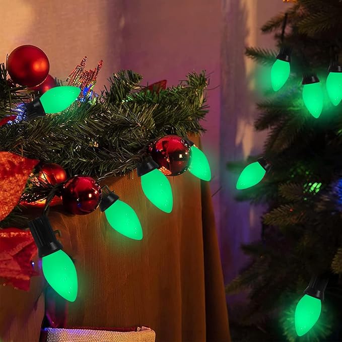 25 Pack C7 Ceramic Christmas Replacment Bulbs, Green Light Bulbs for E12 Candelabra Base Outdoor/Indoor Christmas String Lights, 5 Watt