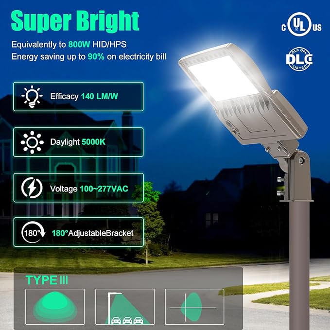 BBESTLED 200W Parking Lot Lights Slip Fitter UL DLC Listed 28000LM IP65 5000K Commercial Area Street LED Shoebox Pole Light 100-277VAC Input Brown, 200W/160W/120W LED Sport Court Light Outdoor