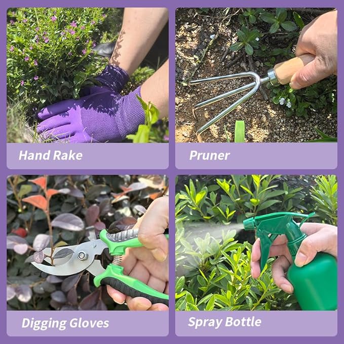 Garden Tools Set 9-Piece, Heavy Duty Stainless Steel Garden Hand Tools with Floral Tote Bag - Rust-Proof Garden Tools for Gardening, Gardening Gifts for Women Mom