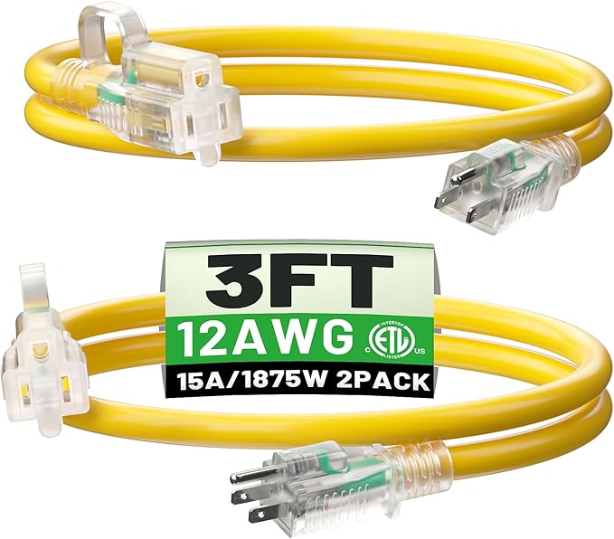 POWGRN 2 Pack 3 ft 12/3 Outdoor Extension Cord Waterproof Heavy Duty with Lighted Indicator End 12 Gauge 3 Prong, Flexible Cold-Resistant Long Power Cord Outside, 15Amp 1875W Yellow ETL Listed