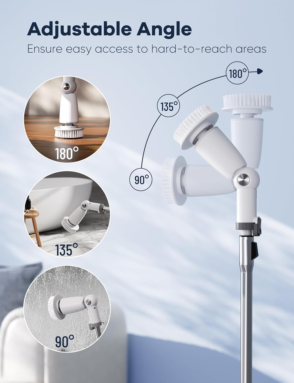 Electric Spin Scrubber,Floor Power Scrubber with Long Handle Dual Speeds,Cleaning Brush Cordless,Shower Scrubber Scrub Brush with 3 Adjustable Angles,8 Brush Heads for Bathroom Tile