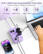 6 USB(2 USB C) Purple Surge Protector Power Strip- 10 Ft Purple Extension Cord with 24W USB Charging Station and 4 Outlets, Pink Desk Accessories for Cute Kawaii Lavender Travel Dorm Room