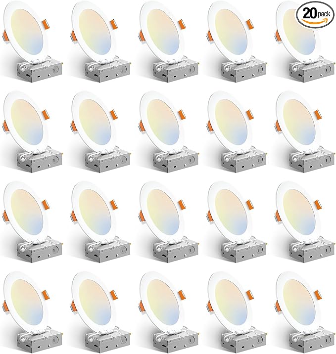 Amico 20 Pack 6 Inch 5CCT Ultra-Thin LED Recessed Ceiling Light with Junction Box, 2700K/3000K/3500K/4000K/5000K Selectable, 12W Eqv 110W, Dimmable Can-Killer Downlight, 1050LM Wafer Lighting - ETL
