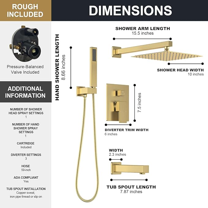 Lava Odoro Modern 3-Setting Square Shower and Tub Faucet Set with Shower Head and Handheld Sprayer Gold, Rainfall Shower System with Tub Spout, Shower Valve Trim Kit, Brushed Gold, SF103-SG-T