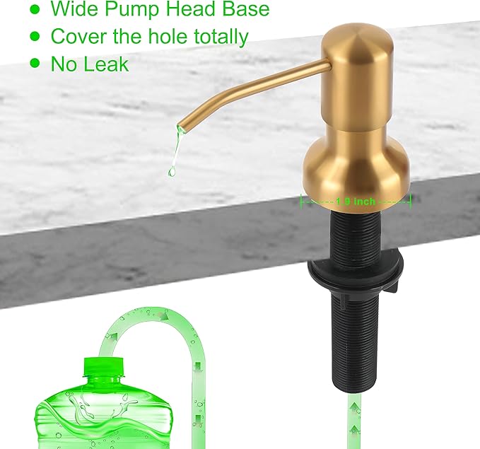 Soap Dispenser for Kitchen Sink, Sink Soap Dispenser with Longer Threaded Shaft Shank, 47" Extension Tube Connects Directly to Dish Soap Container, Wider Pump Head Base（Golden）