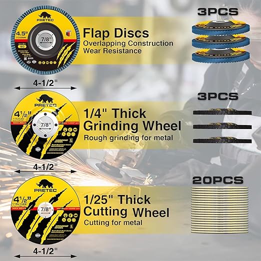 26 Packs Angle Grinder Cutting Flap Grinding Disc Wheel 4 1/2in Inches - 20 Packs 4.5"x1/4"x7/8" Cut off Wheels,3 Packs 4.5"x7/8" 60 Grit Flap Discs, 3 Packs 4.5"x1/25"x7/8" Grinding Wheels