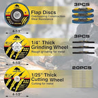 26 Packs Angle Grinder Cutting Flap Grinding Disc Wheel 4 1/2in Inches - 20 Packs 4.5"x1/4"x7/8" Cut off Wheels,3 Packs 4.5"x7/8" 60 Grit Flap Discs, 3 Packs 4.5"x1/25"x7/8" Grinding Wheels