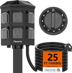 Outdoor Power Strip Timer Waterproof, Dusk to Dawn Light Sensor Countdown, 25 Feet Extension Cord, 6 Grounded Outlets for Halloween and Christmas Decorations, ETL Listed