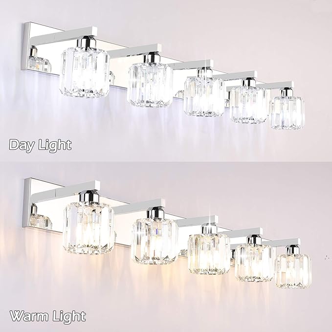 Aipsun Crystal Bathroom Vanity Light Stainless Steel Modern Vanity Light 5 Lights Crystal Bathroom Vanity Light Fixtures (Exclude Bulb)