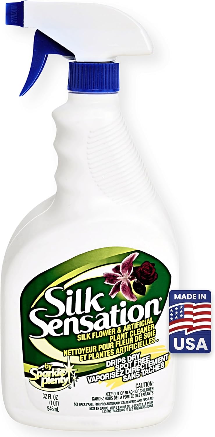 Sparkle Plenty Silk Sensation Artificial Flower & Plant Leaf Cleaner and Shine - Fake Flower Dusting Spray - Silk Plant Cleaner Spray No Wipe - Drip Dry Cleaning Supplies for Artificial Tree (32oz)