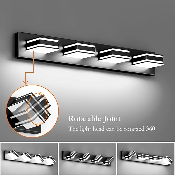 Ralbay Modern Black Vanity Light for Bathroom 4-Light 30inch Matte Black Modern LED Acrylic Bathroom Wall Lighting Fixtures Over Mirror