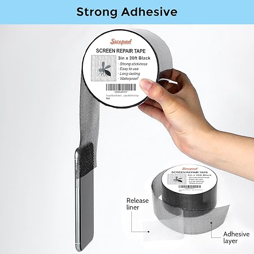 Black Window Screen Repair Tape, 3IN x 20FT (240IN) Screen Repair Kit for Windows or Doors, Strong Adhesive Fiberglass Mesh Patch Tape
