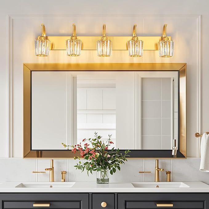 Modern Bathroom Vanity Light, 5-Light Gold Wall Sconce with Crystal Accents, Over Mirror Bathroom Lighting Fixture, 42.52" Long Dimmable Vanity Lamp for Makeup, Easy Installation