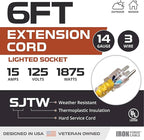 Iron Forge Cable Weatherproof 6 Ft Outdoor Extension Cord - 14/3 SJTW 15 Amp Heavy Duty Yellow Extension Cord 3 Prong - Lighted End