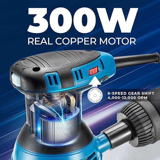 Dong Cheng 5-Inch Random Orbital Sander 3 Amp 12000OPM, 6 Variable Speeds, with 10pcs Sandpaper & Detachable Dust Bag, Sanding for Woodworking, Refinish Furniture & Remove Varnish