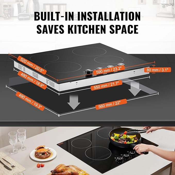 VEVOR Electric Ceramic Cooktop, Built-in Electric Stove Top, with Glass Panel, Knob Control, 11 Heat Levels, for Diverse Cooking Requirements (24inch-4burners/220V)