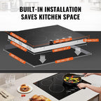 VEVOR Electric Ceramic Cooktop, Built-in Electric Stove Top, with Glass Panel, Knob Control, 11 Heat Levels, for Diverse Cooking Requirements (24inch-4burners/220V)