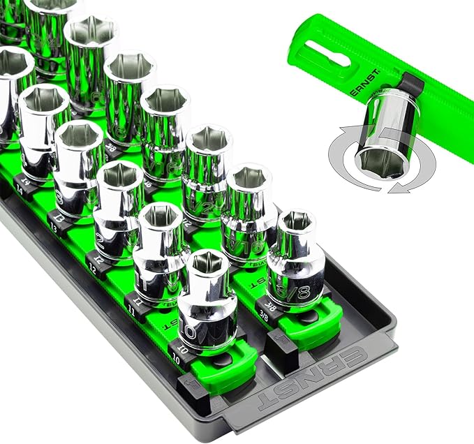 Ernst Manufacturing 8487 Socket Boss, 2 18-Inch Rails featuring Twist-Lock Secure Socket Holder and Drawer Tray, Fits 1/2 Inch Drive Sockets, Green - Made in USA