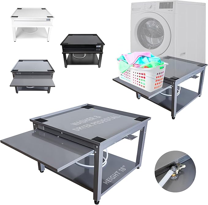 Washer and Dryer Pedestals with Pullout-Shelf - 29" W, 18" H, Gray Steel Universal Fit with Major Brands | Laundry Pedestal with Drain Pan & Hose | Washer Stand for Back Pain Relief, 800 lbs Capacity