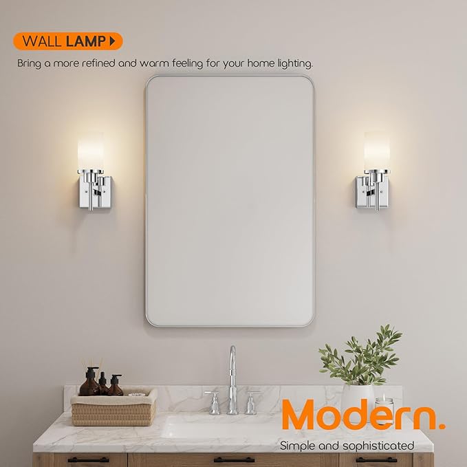 Vanity Lights Polished Chrome Bathroom Light Fixtures with White Frosted Glass Shade, Wall Sconce for Mirror Hallway Entrance Porch T001CH-L1