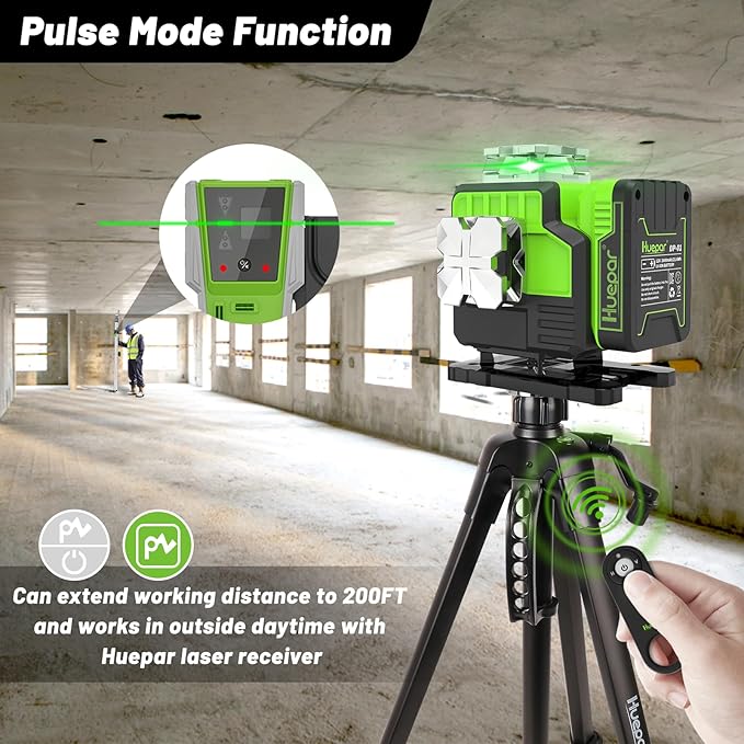 Huepar 12V 4x360 Laser Level Self Leveling with Bluetooth and Remote Control, 4D Green Cross Line Laser, 16 Lines Lazer Leveler Tool for Construction, Upgrraded Bracket, Removable Battery P04CG