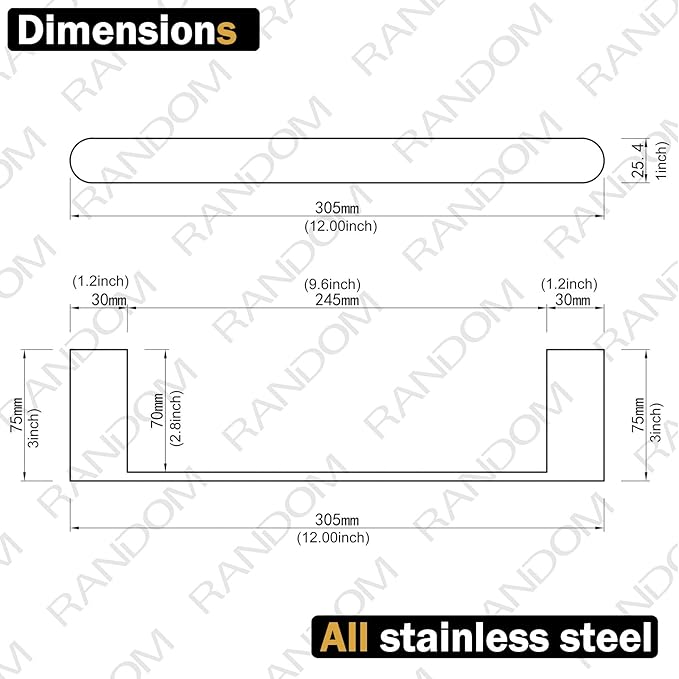 RANDOM 12 inch Brushed Gold Towel Bar,Bathroom Hardware Accessories Towel Rack,for Bathroom Kitchen SUS 304 Stainless Steel,Contemporary Style Wall-Mounted Hand Towel Holder 96026-2-12BG.
